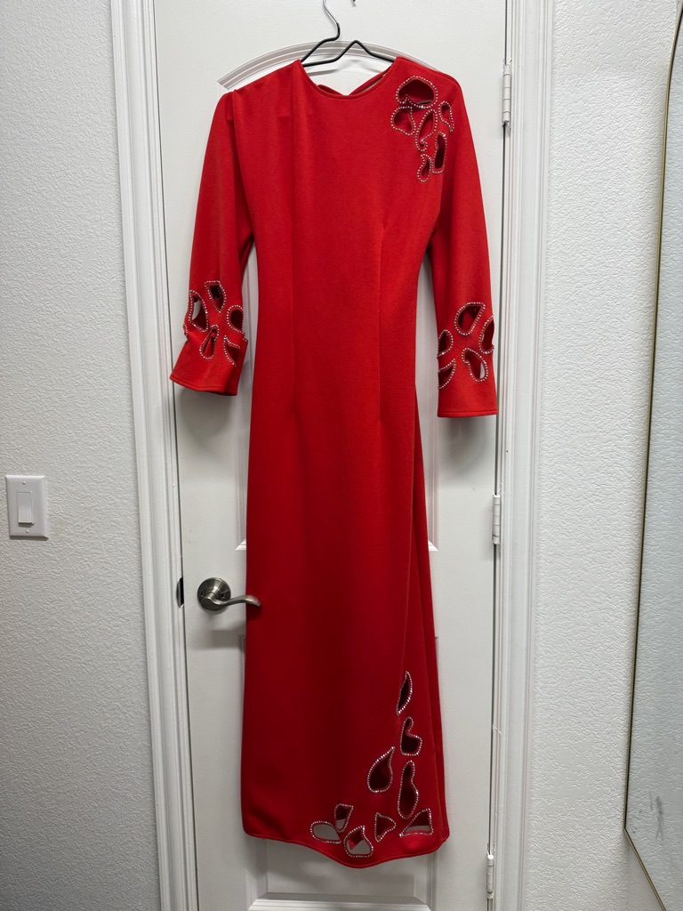 Red Long-Sleeve Embellished Maxi Dress